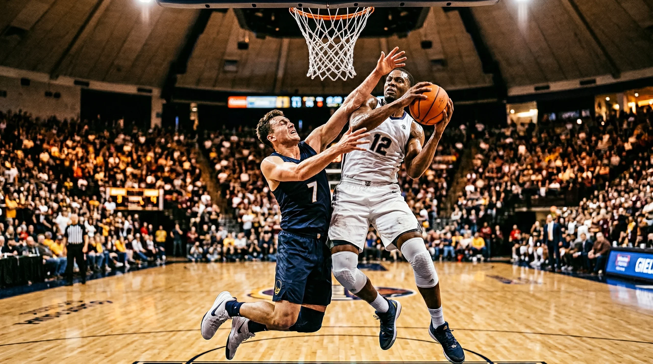Basketballspieler im Zweikampf unter dem Korb bei einem NBA-Spiel