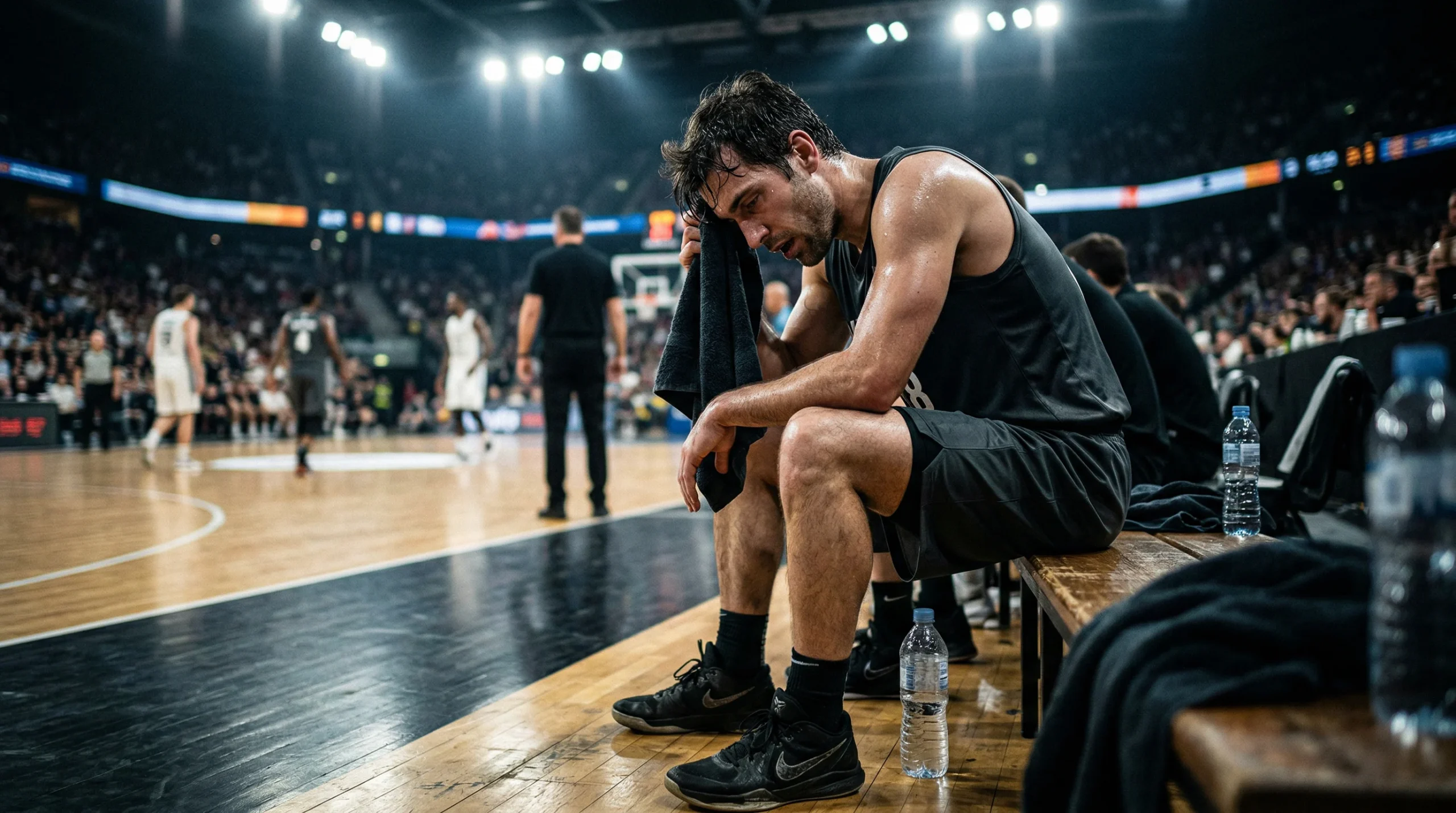 Erschöpfter Basketballspieler sitzt auf der Bank und wischt sich Schweiß ab