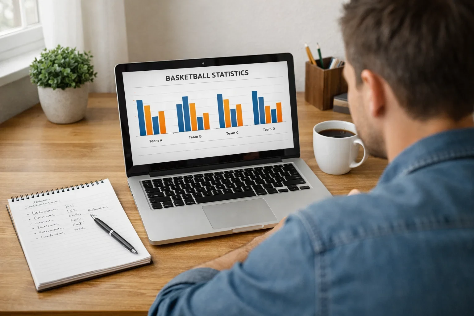Person analysiert Basketball-Spielstatistiken am Laptop
