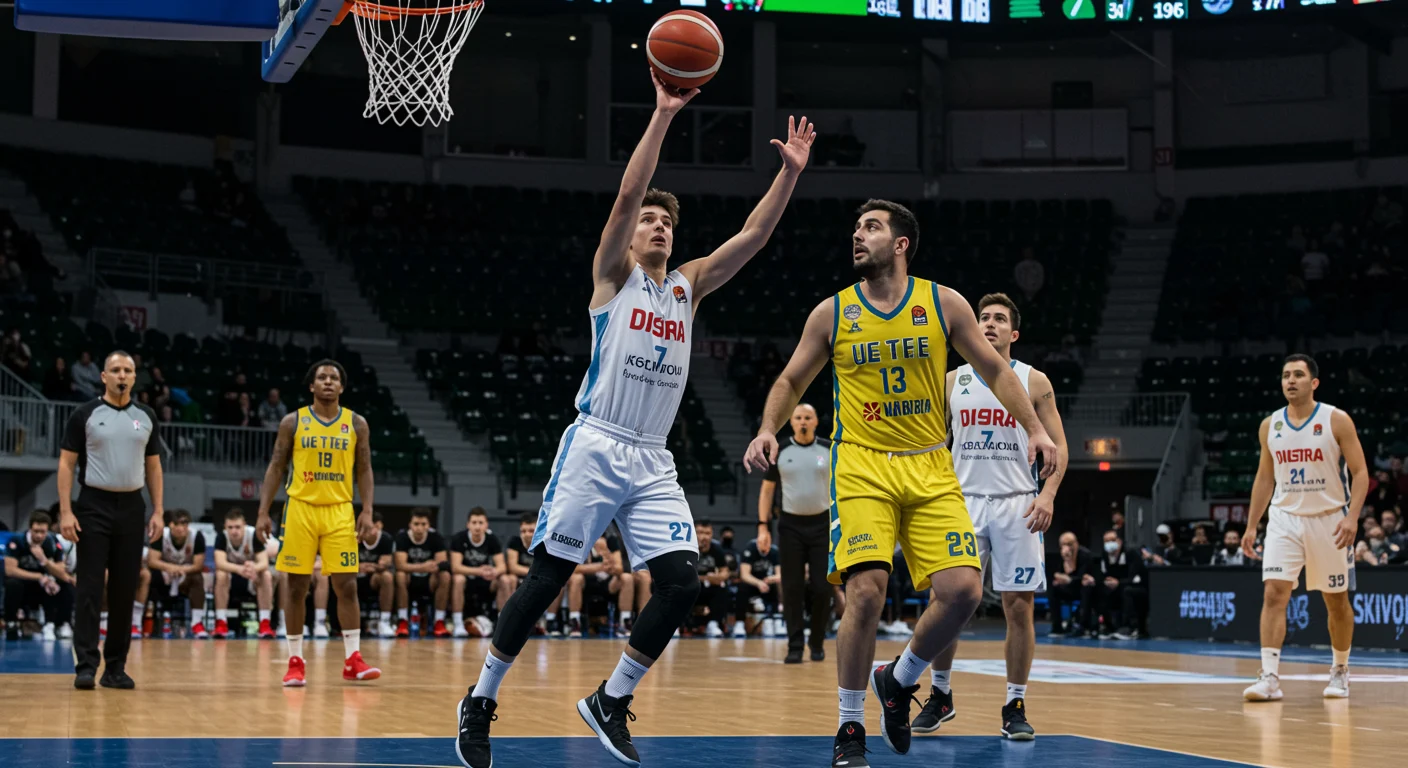 Basketballspieler im Nationaltrikot jubelt nach einem Korb bei einem internationalen Turnier