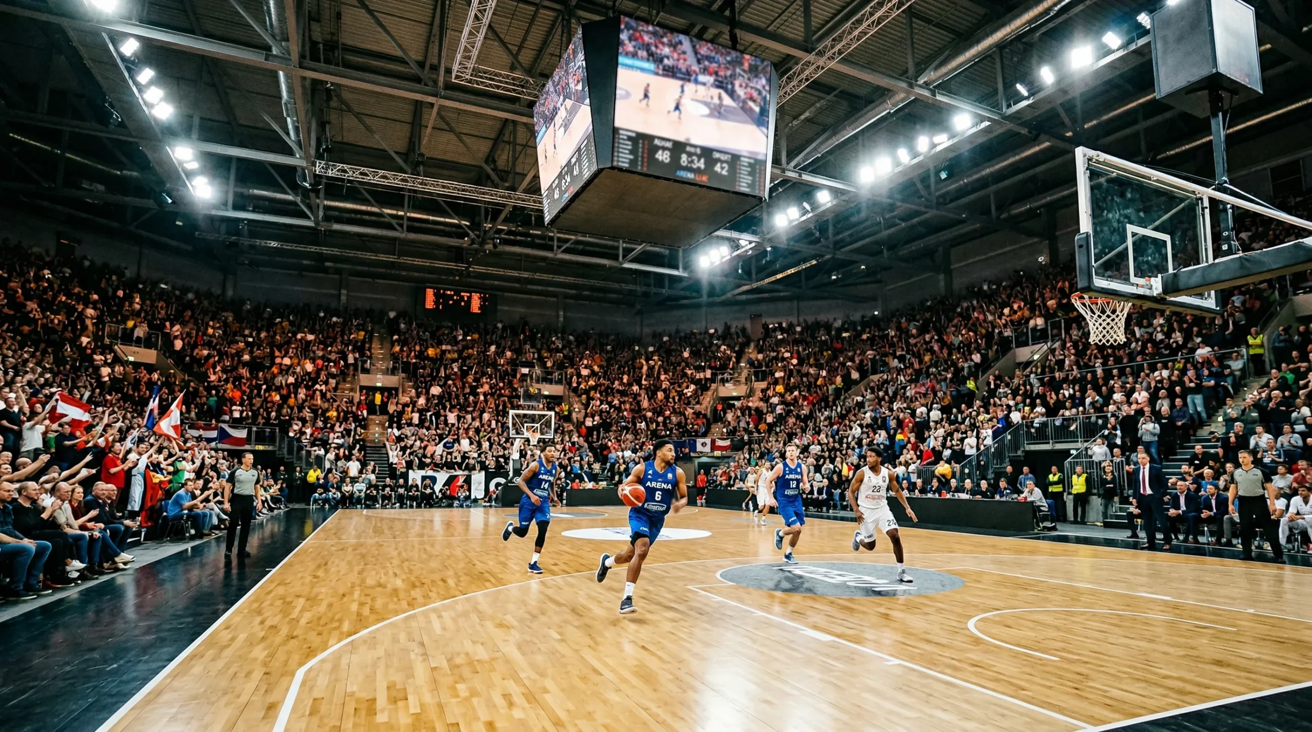 Basketballhalle mit Zuschauern während eines spannenden Spiels