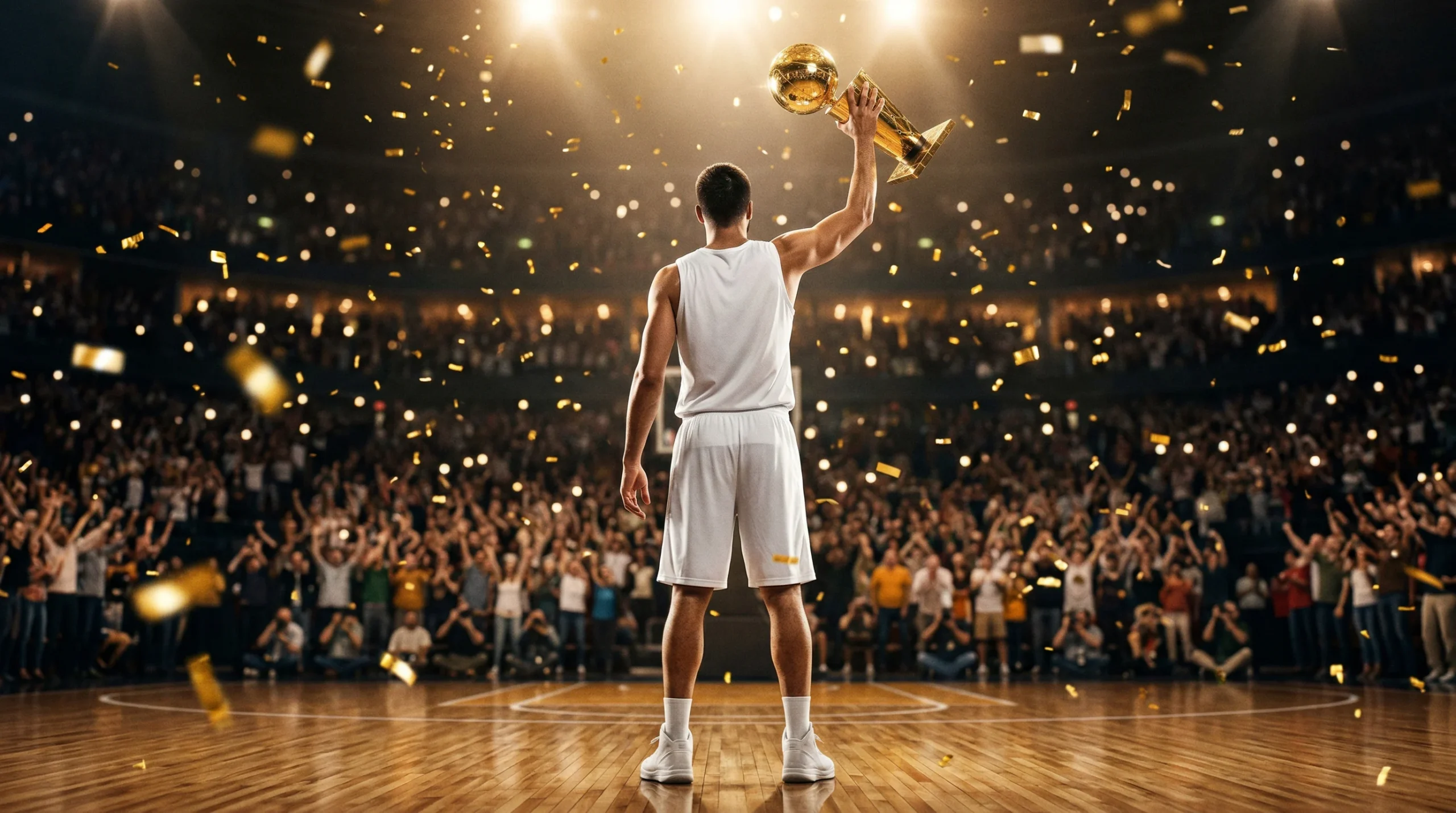Basketballspieler hält eine Meisterschaftstrophäe in einer Konfettiwolke