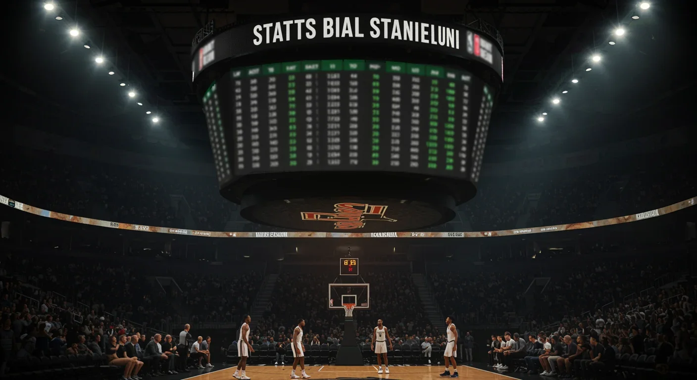 Großbildschirm in einer Basketballarena zeigt Spielstatistiken an