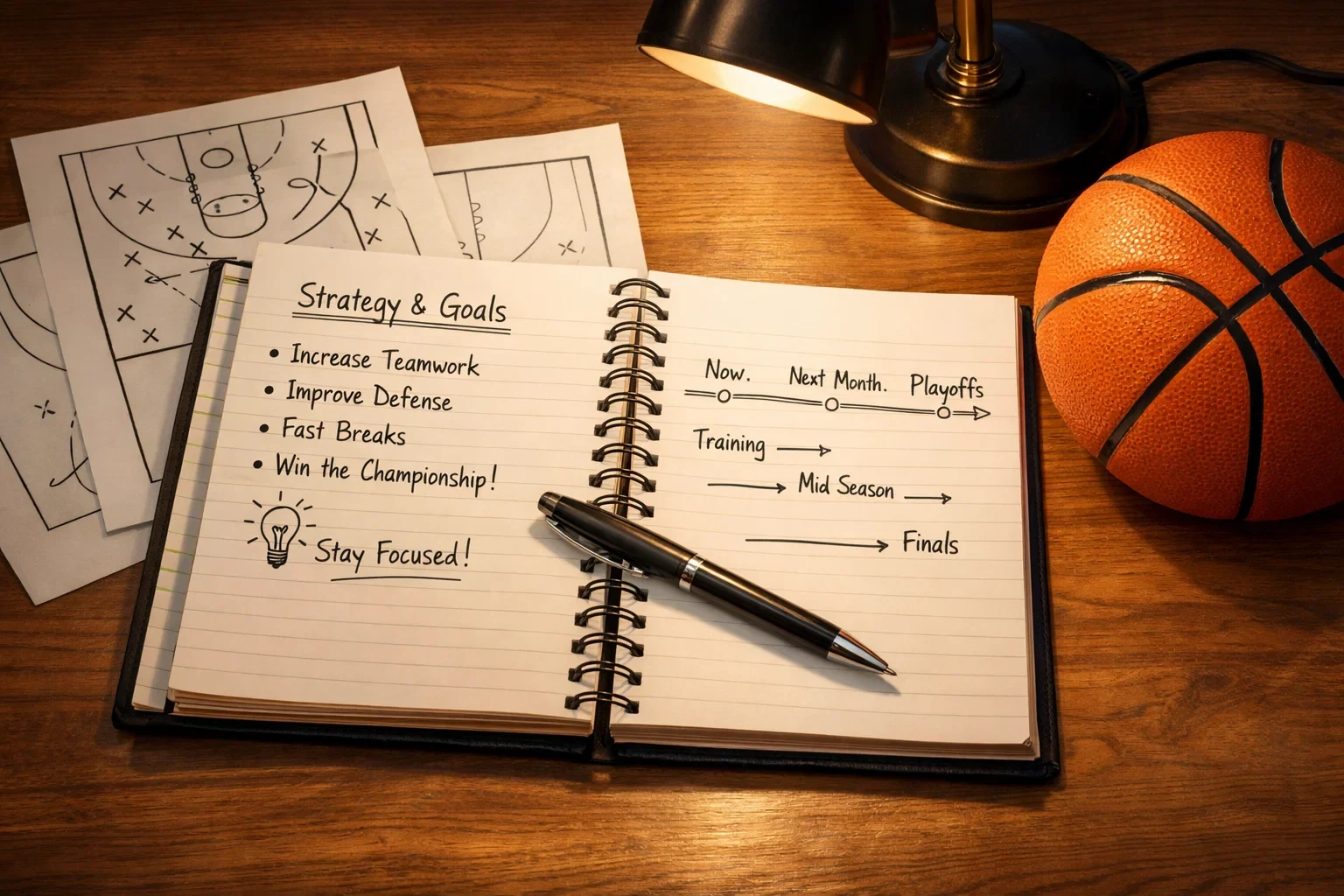 Strategische Planung mit Notizbuch und Basketball-Spielplan