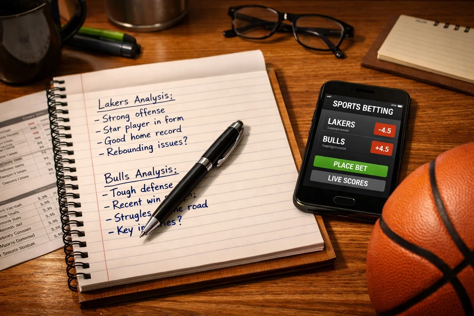Verschiedene Wettscheine und Notizen zur Basketball-Analyse