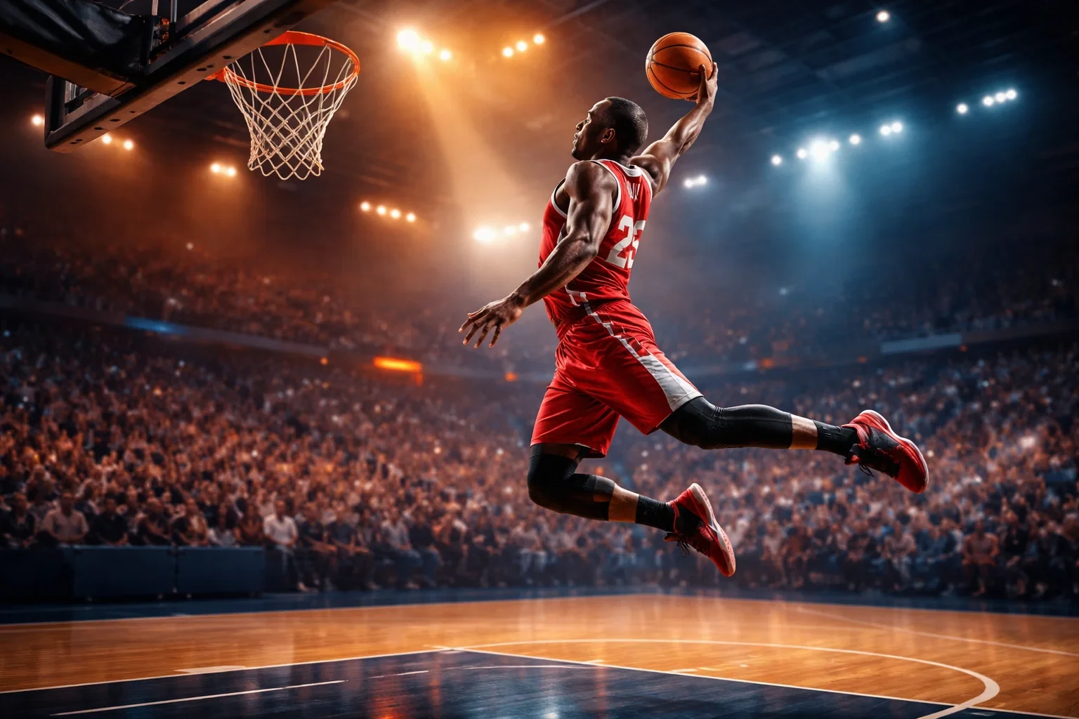 Basketballspieler beim Wurf in einer beleuchteten Arena