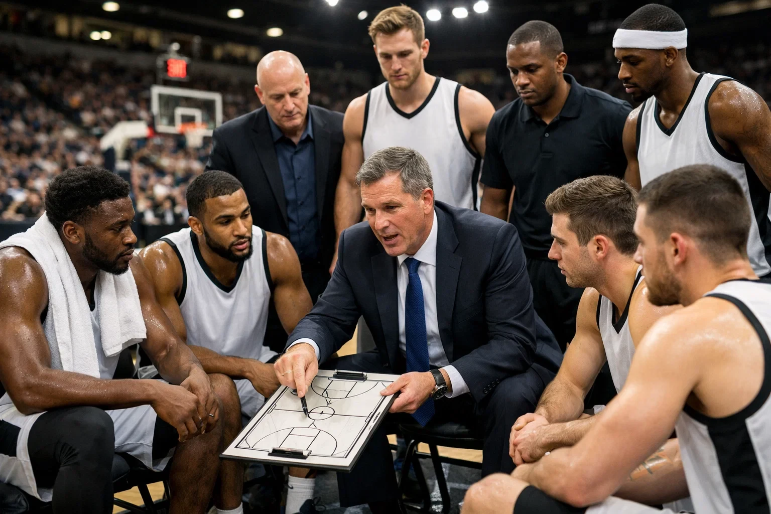 Basketball Team bei Spielbesprechung auf der Bank