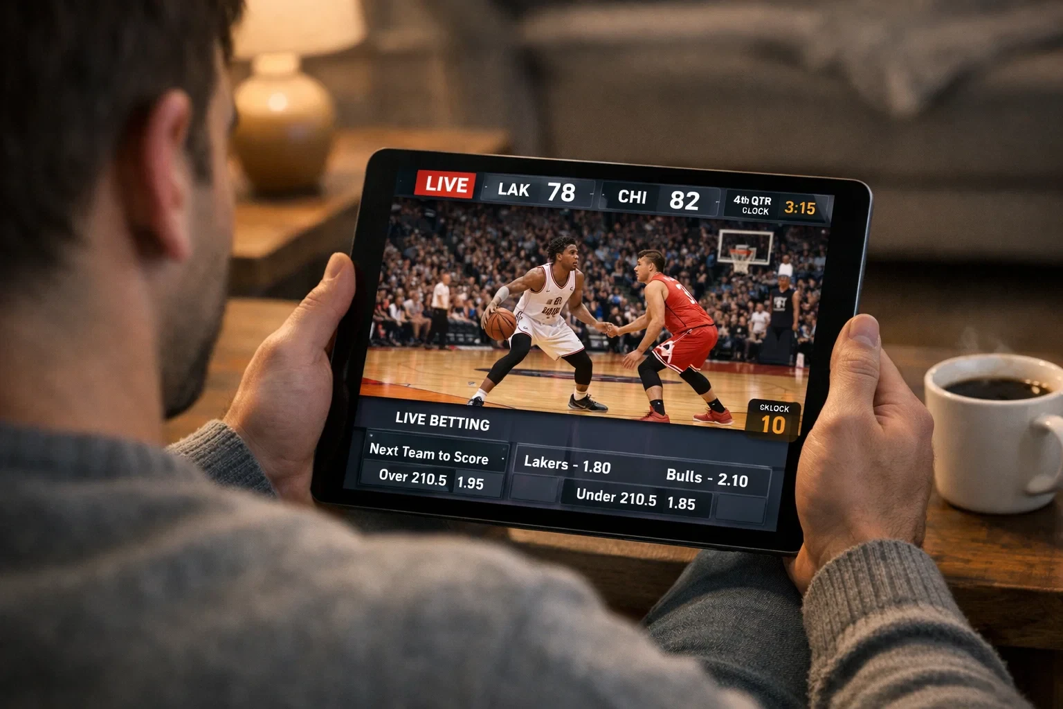 Fan schaut Basketball Livestream auf Tablet