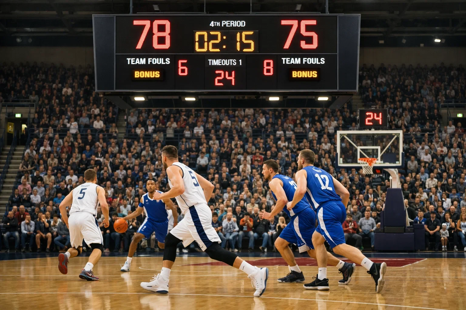Basketballspiel mit Anzeigetafel und Punktestand