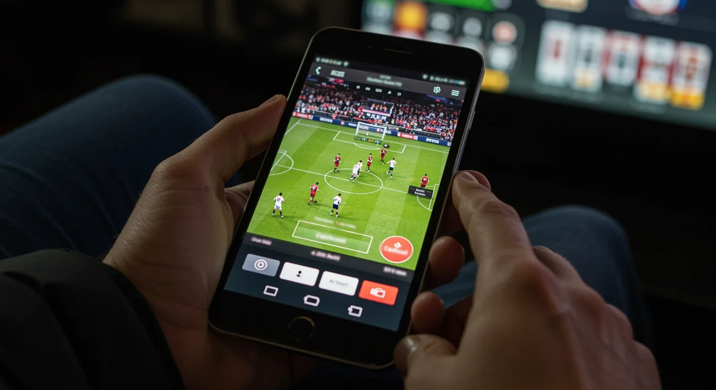 Hand hält ein Smartphone mit einer Sportwetten-App vor einem Basketballspiel