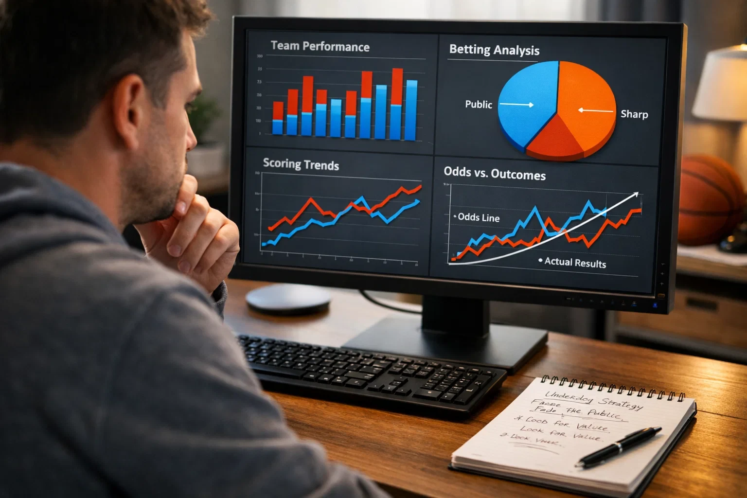 Person analysiert Basketball Statistiken am Bildschirm