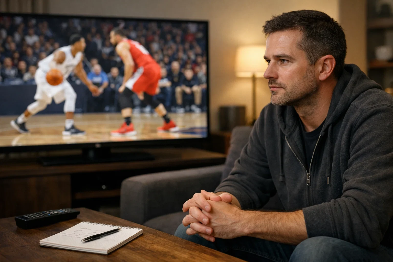Konzentrierter Fan beobachtet Basketballspiel aufmerksam