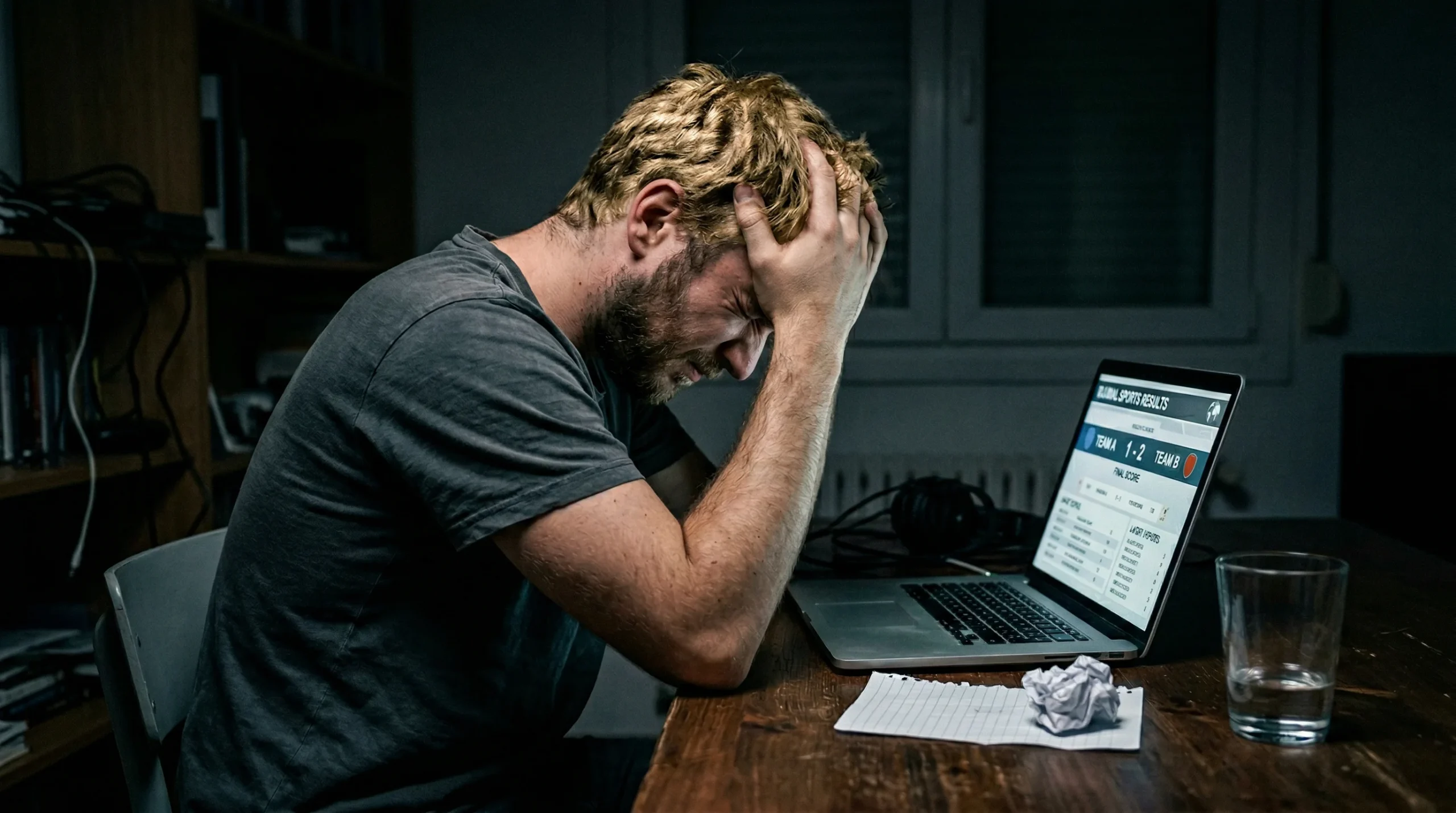 Frustrierter Mann stützt den Kopf in die Hände vor einem Laptop