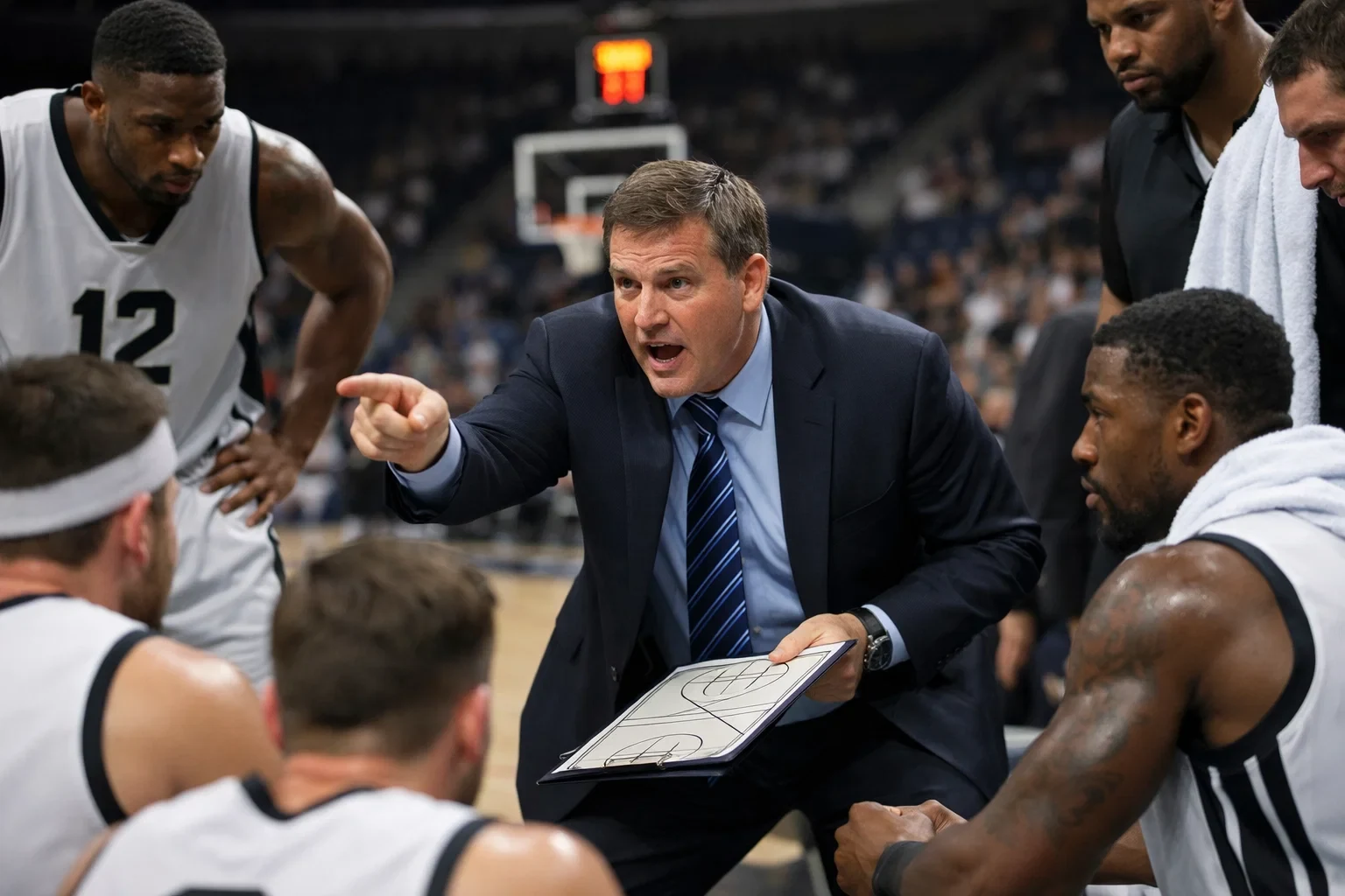 Basketball Trainer gibt Anweisungen während Timeout