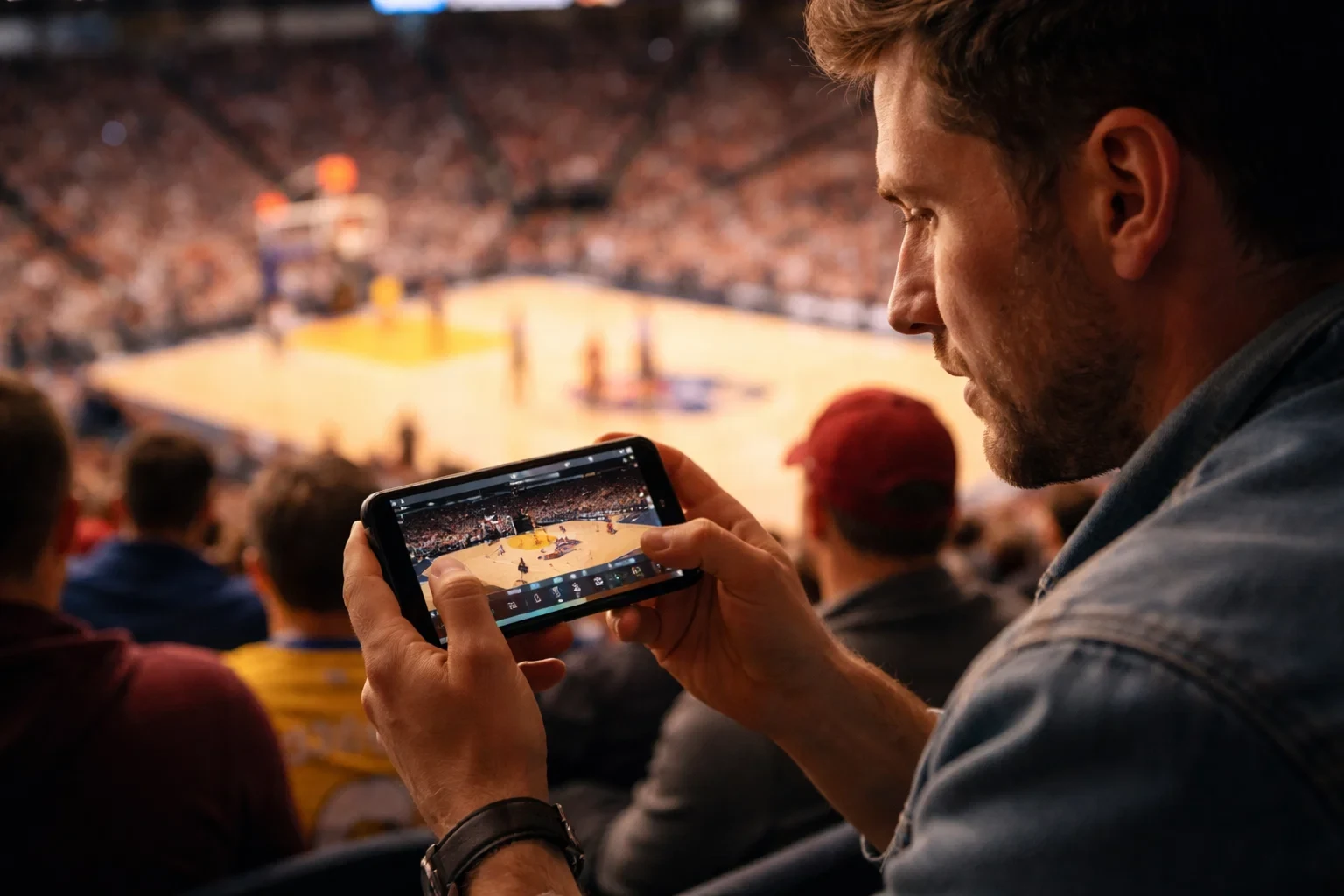 Fan verfolgt Live-Basketballspiel auf Smartphone im Stadion