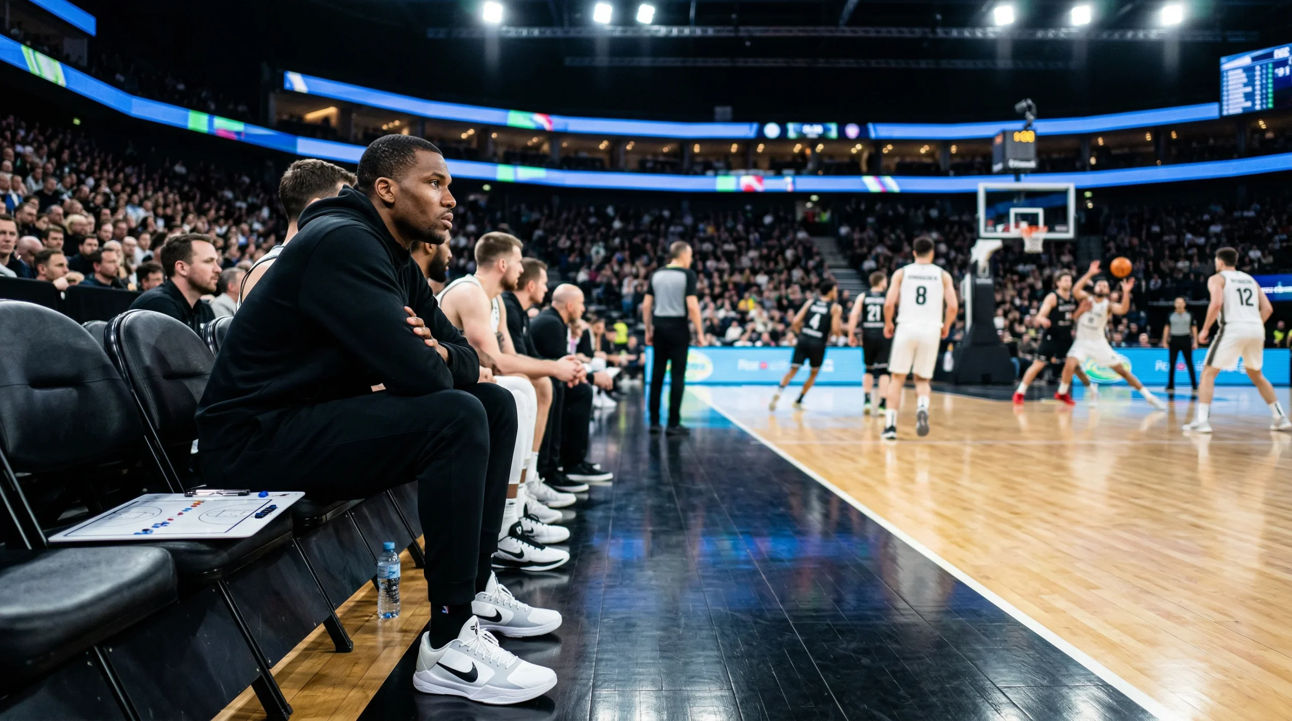 Basketballspieler sitzt in Straßenkleidung auf der Bank und beobachtet das Spiel