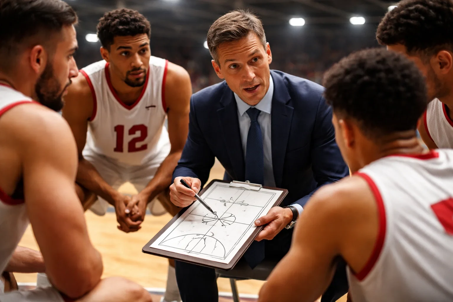 Basketball Trainer bespricht Spielstrategie mit Team