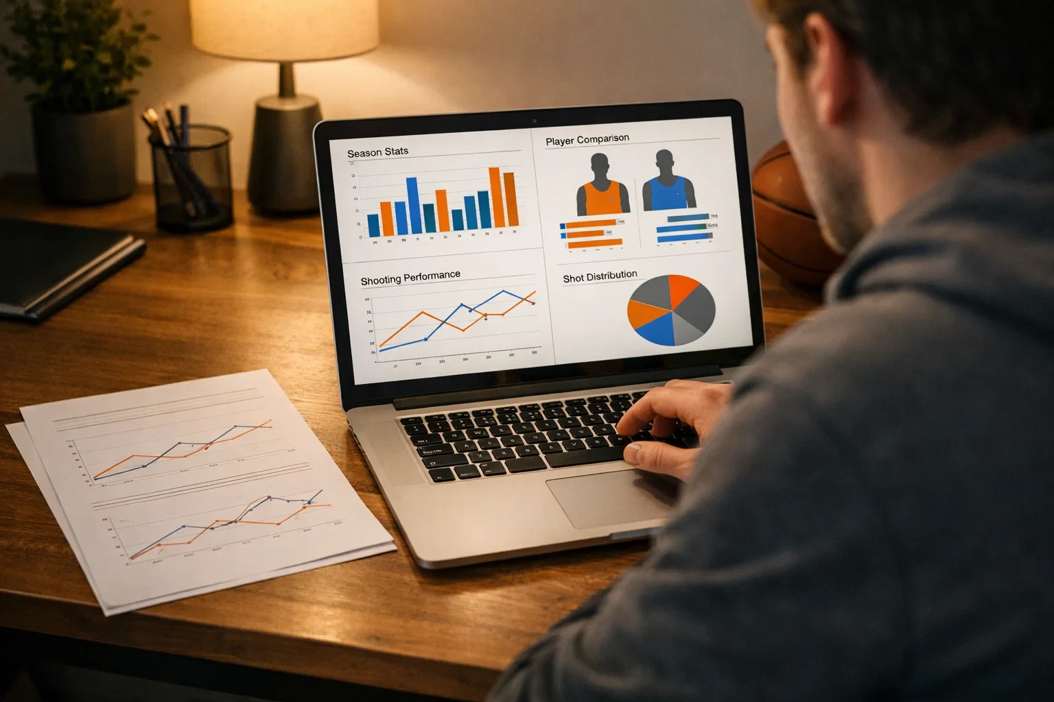 Person analysiert Basketball-Statistiken am Laptop