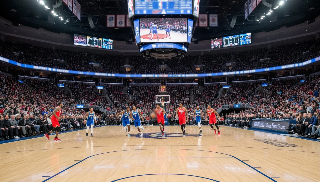 NBA-Basketballspiel in einer voll besetzten Arena mit Spielern auf dem Court