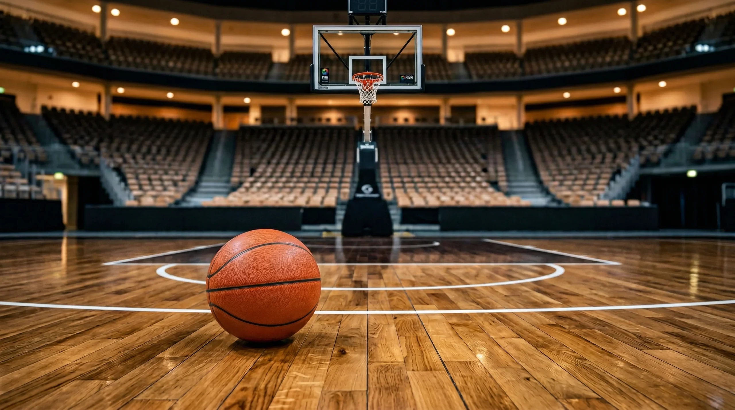 Nahaufnahme eines Basketballs auf dem Spielfeld mit Hallenbeleuchtung