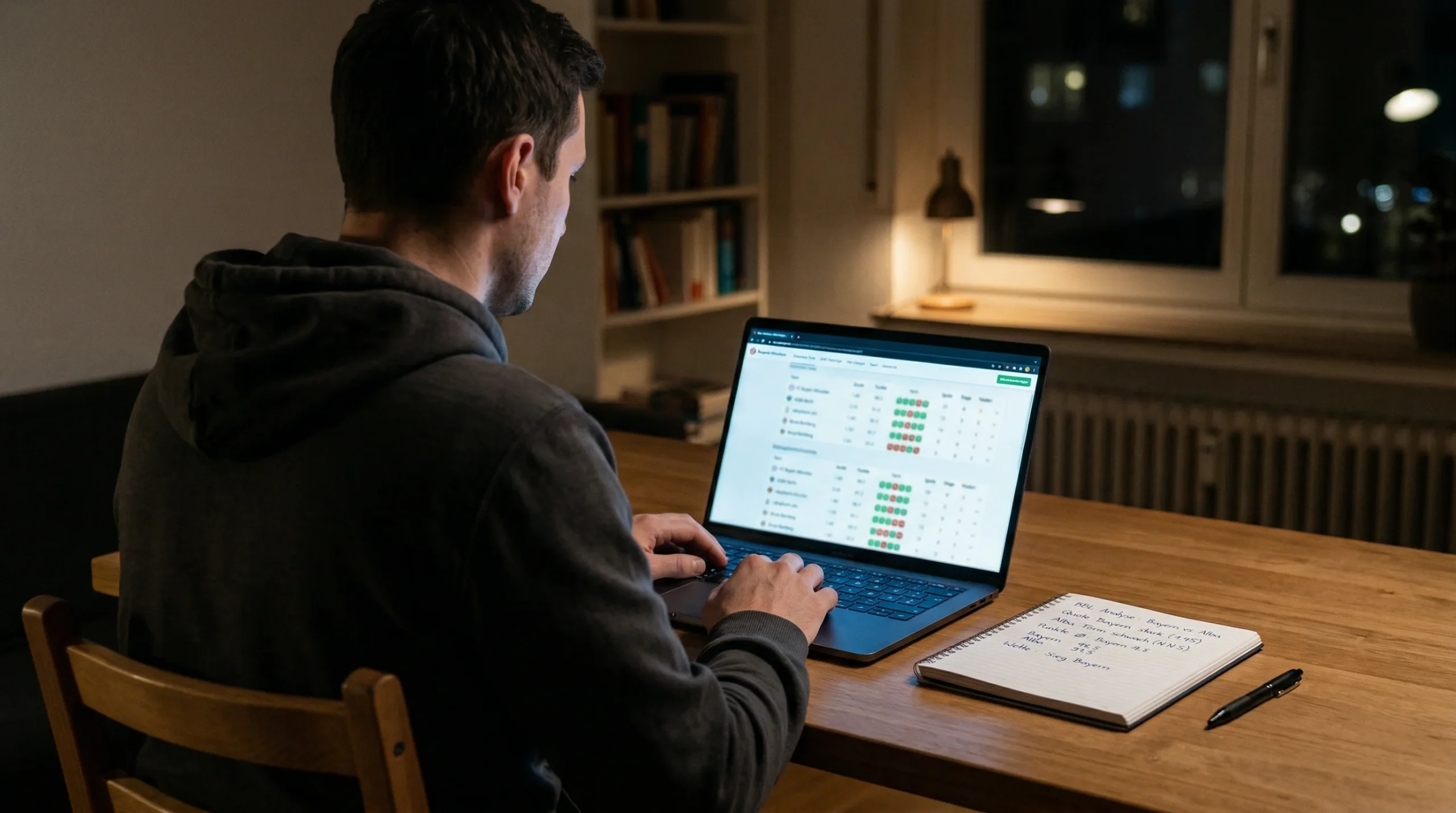 Person analysiert Basketball-Statistiken auf einem Laptop-Bildschirm