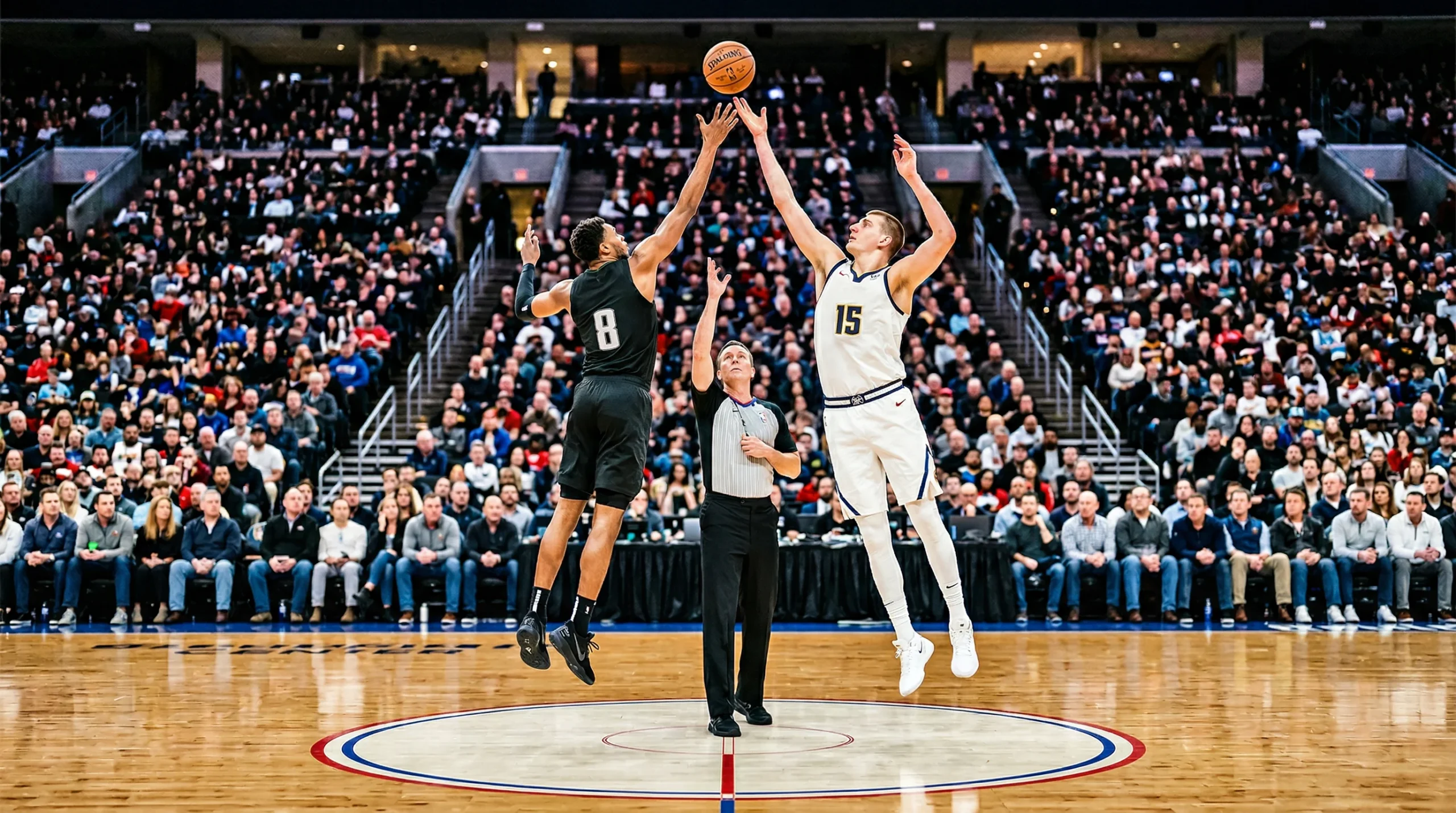 Basketballspieler beim Sprungball zu Beginn eines NBA-Spiels