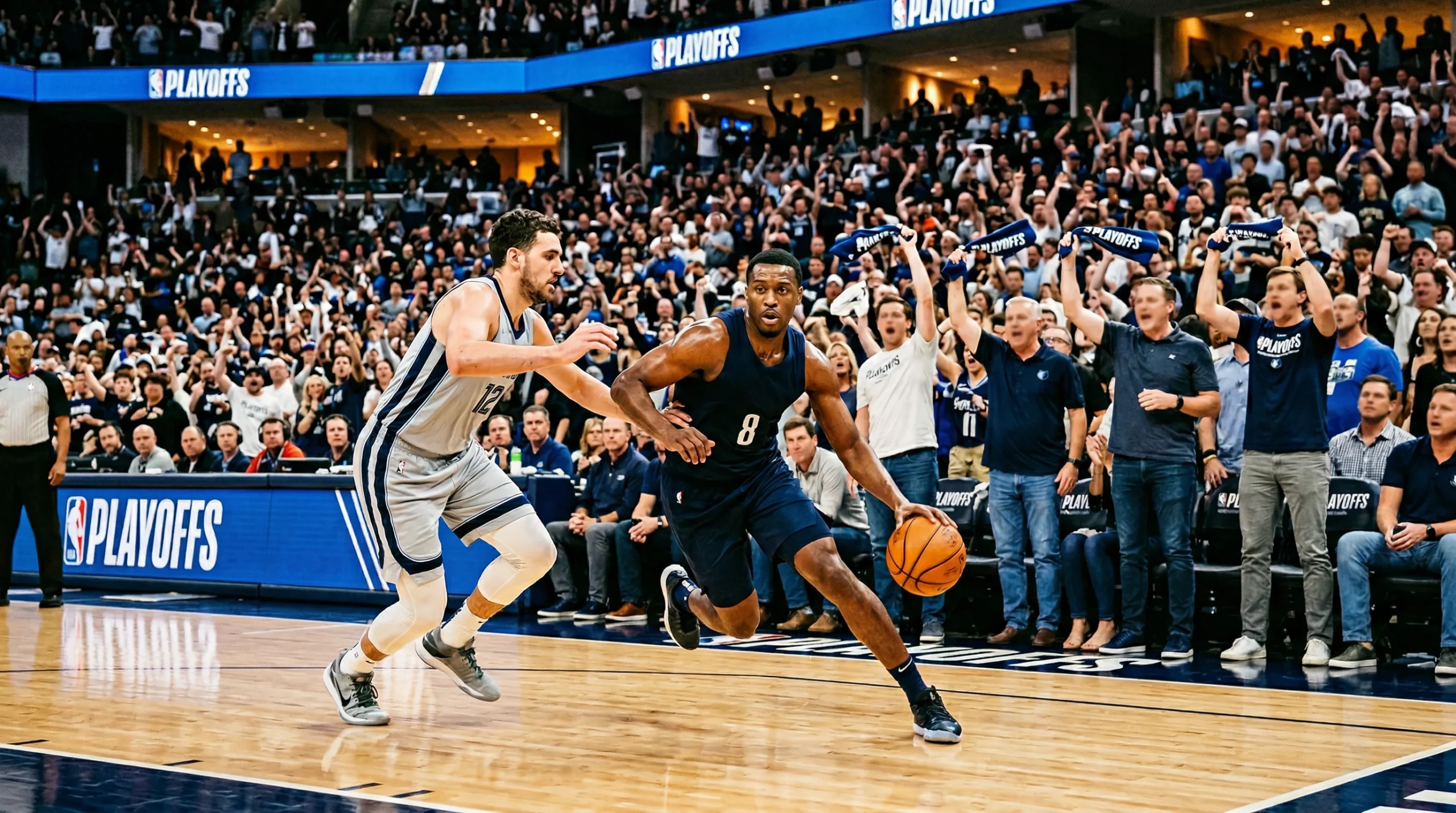 Intensive Playoff-Szene mit Basketballspielern auf dem Court vor vollen Rängen